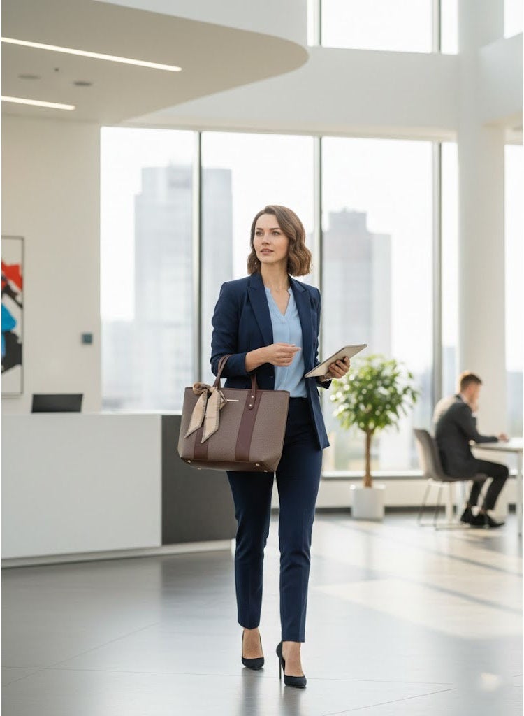 FUMES Coffee Brown Women’s Elegant Panel Tote Handbag with Scarf Detail – Structured Premium Shoulder Bag - Image 4